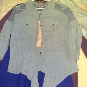 Pink crop top with blue over shirt